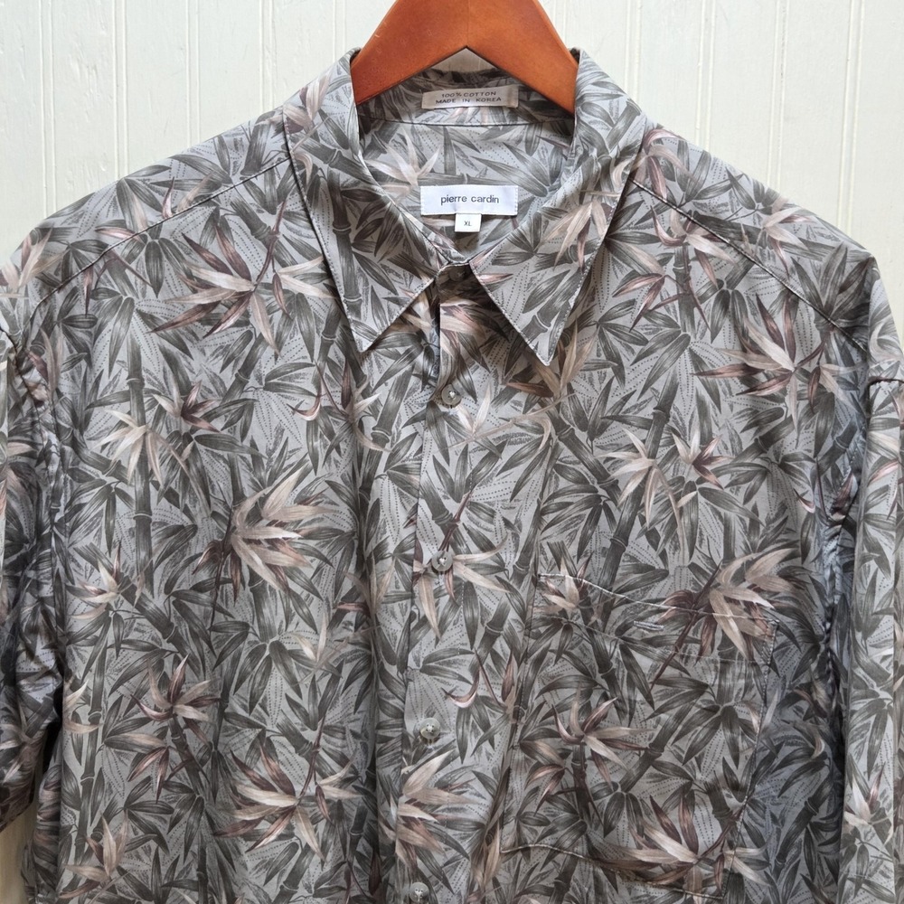 Pierre Cardin Shirt Mens XL Gray Floral Short Sleeve Button‎ Up Tropical Casual